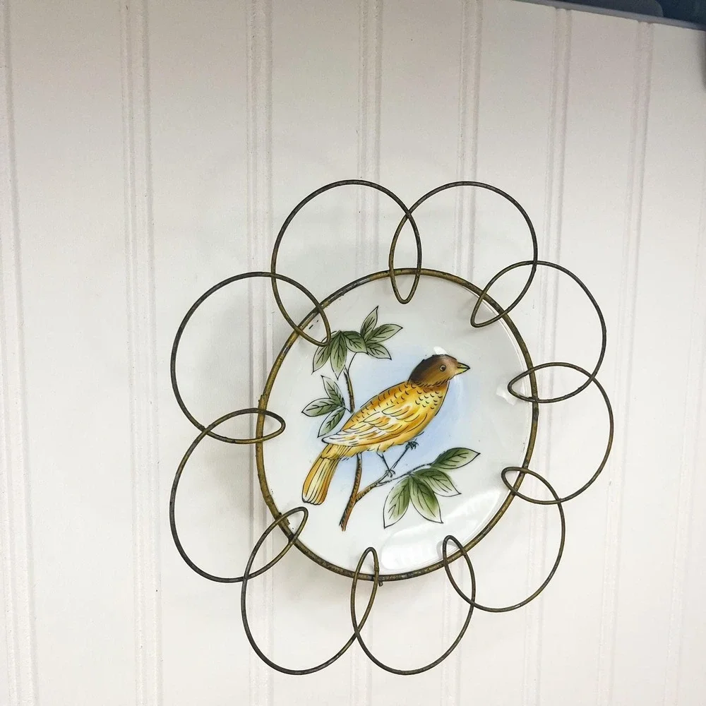 Vintage Bird Plate with Metal Hanger Set‎ of 2: Hand-Painted Ceramic Display